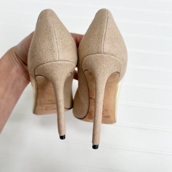 Jimmy Choo Cass Pumps 37 Tan Linen Clear Vinyl Stiletto Heels Wedding Bridal - Picture 8 of 12